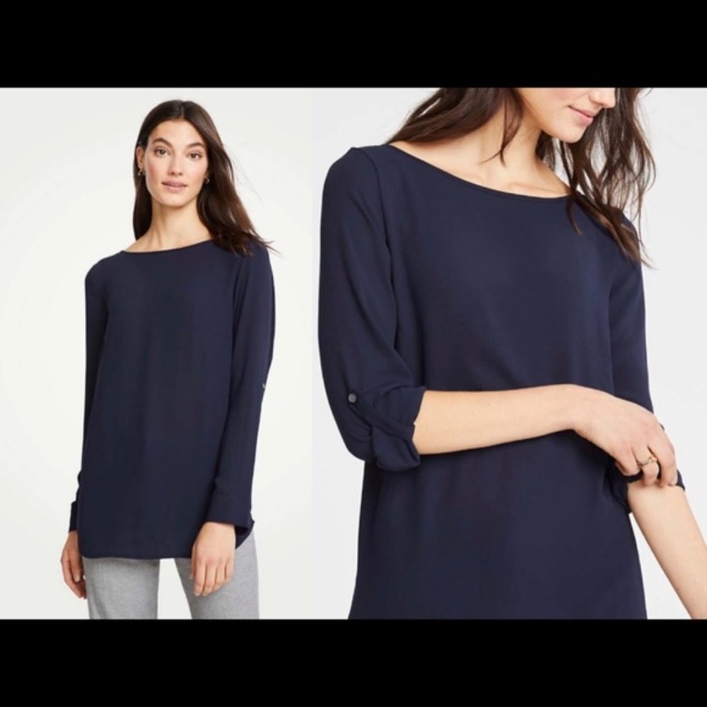 Ann Taylor Flowy Gray Mixed Media Tab Sleeve Top XS (fits S/M)